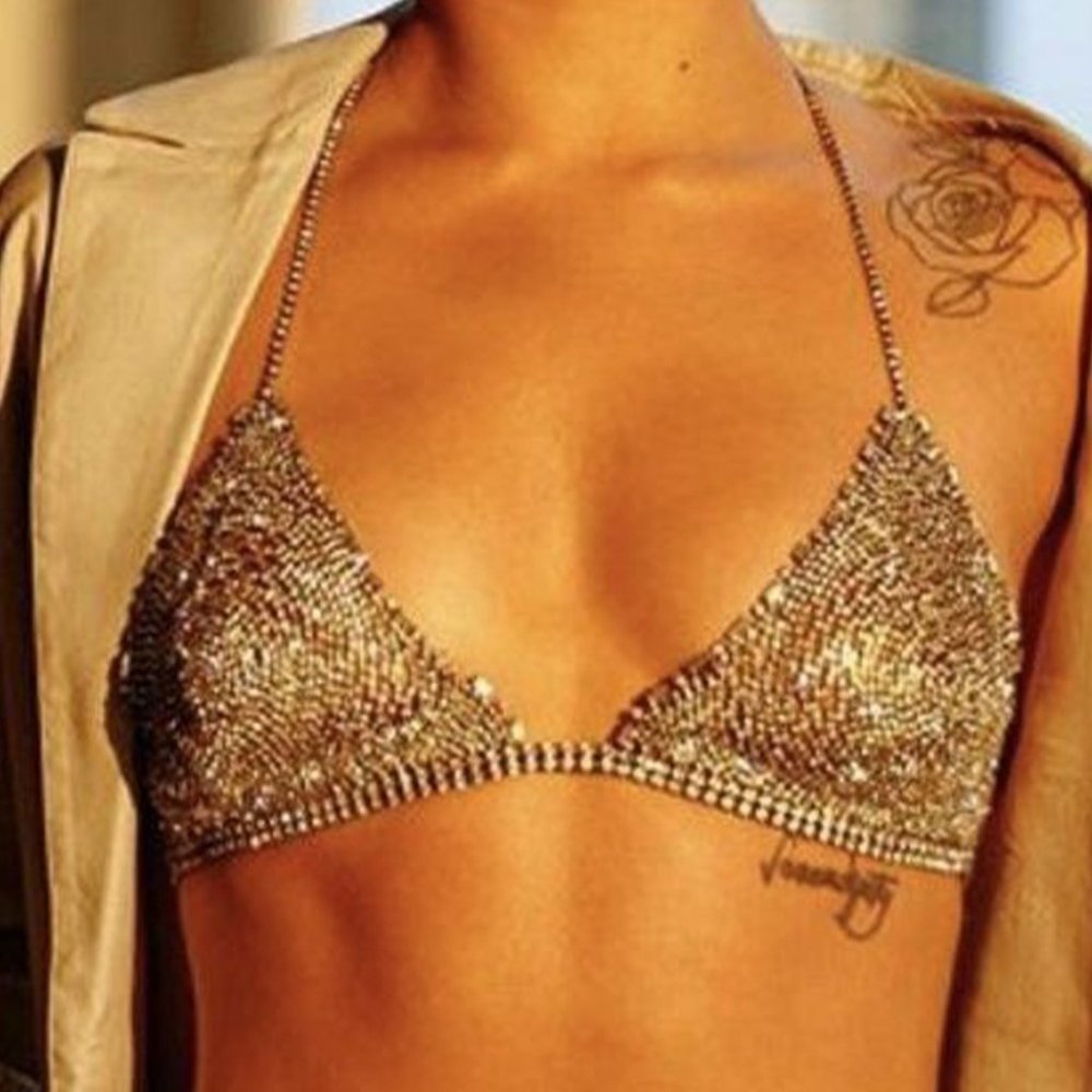 Triangle Cup Bikini Lingerie Crystal Underwear Bra Chest Chain Body Jewelry